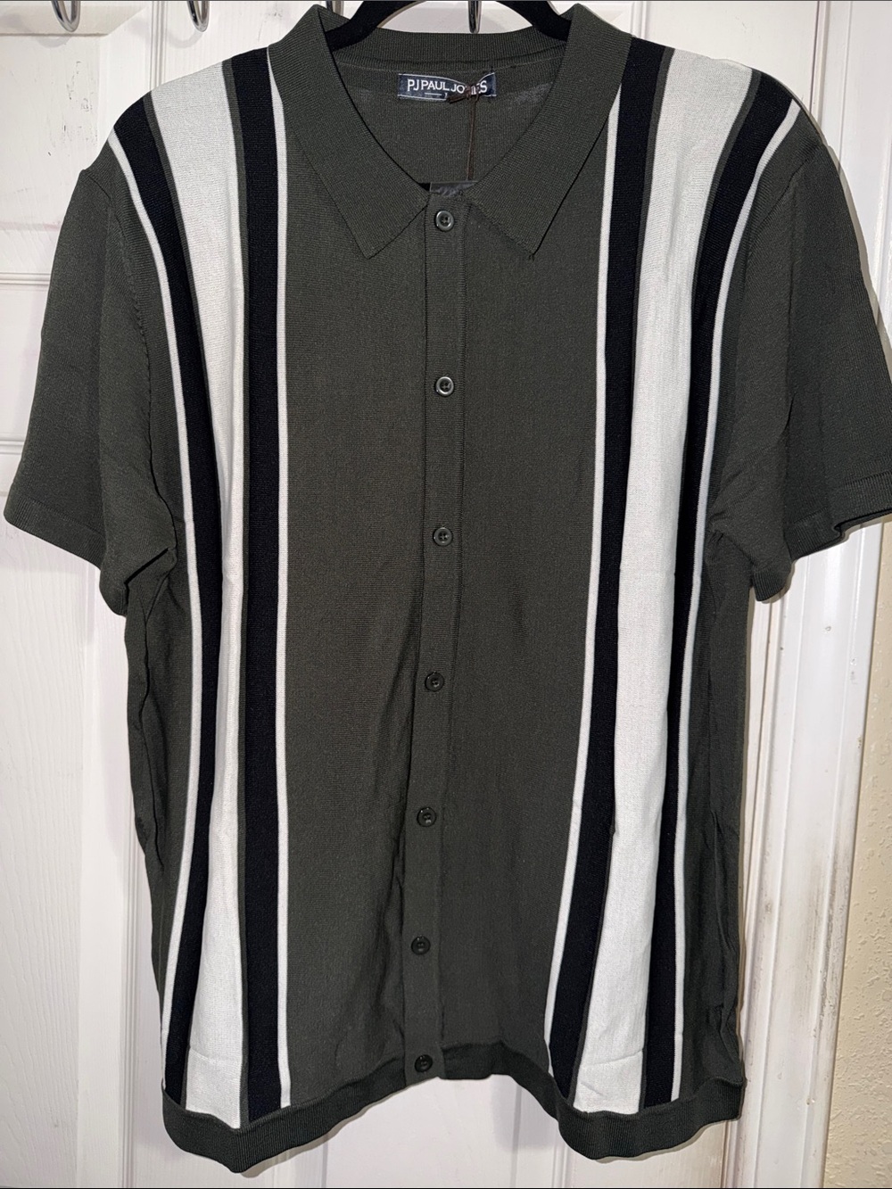 PJ Paul Jones Olive Green Short-Sleeve Button-Down Shirt with Vertical Stripes
